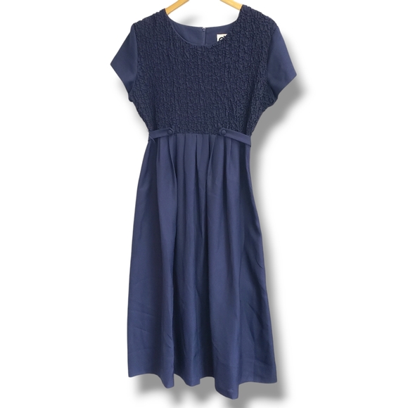 Vintage Dresses & Skirts - Vintage EJM Navy Blue Textured Belted Midi Dress Size 10